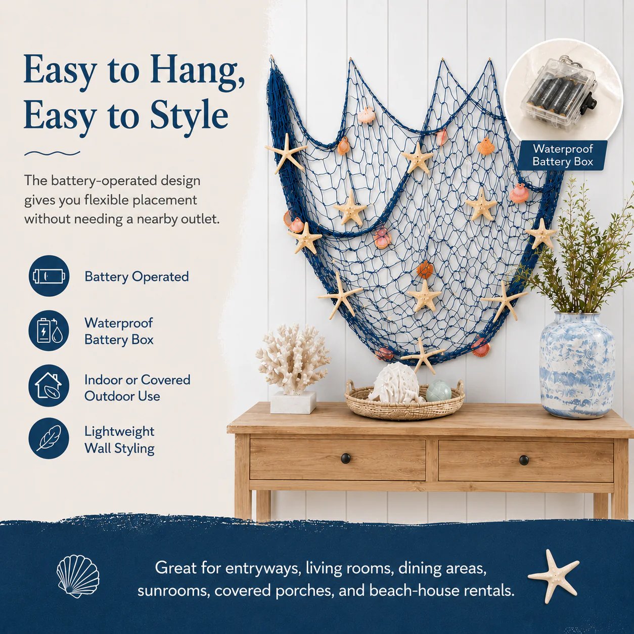 Coastal Fishing Net Wall Hanging with Fairy Lights