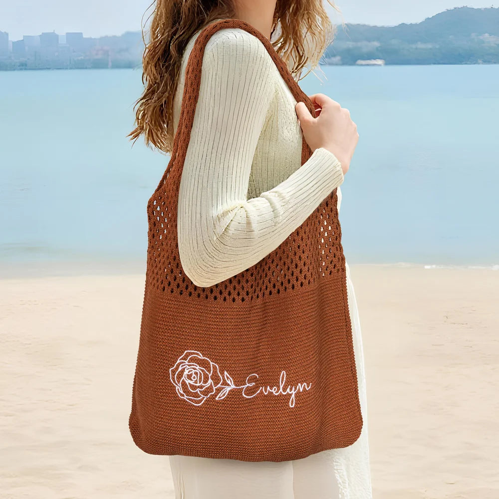 Personalized Retro Embroidered Birth Flower Crochet Mesh Tote Bag with Name Summer Beach Travel Birthday Gift for Women