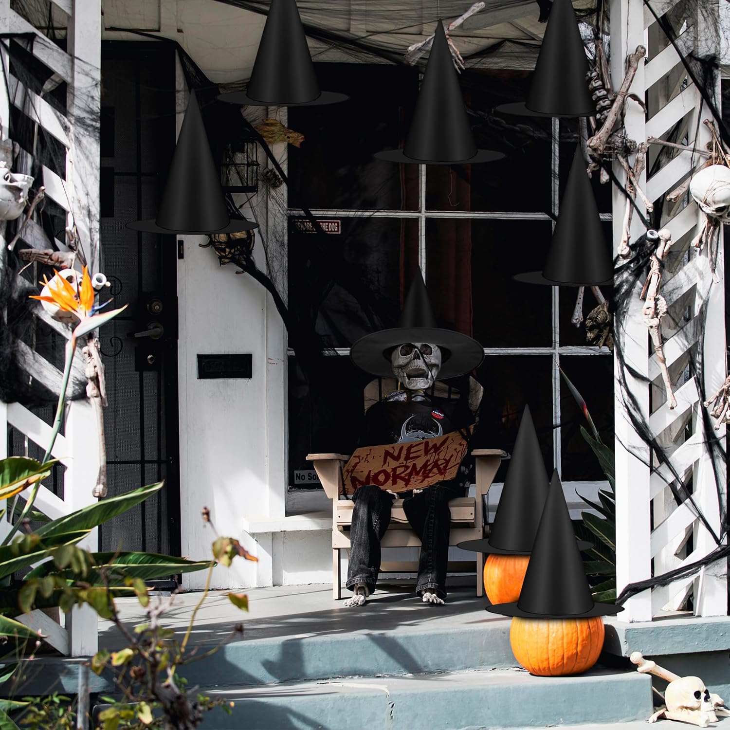 Elcoho 12 Pieces Halloween Costume Witch Hat with 100 Yards Hanging Rope for Halloween Yard Decoration