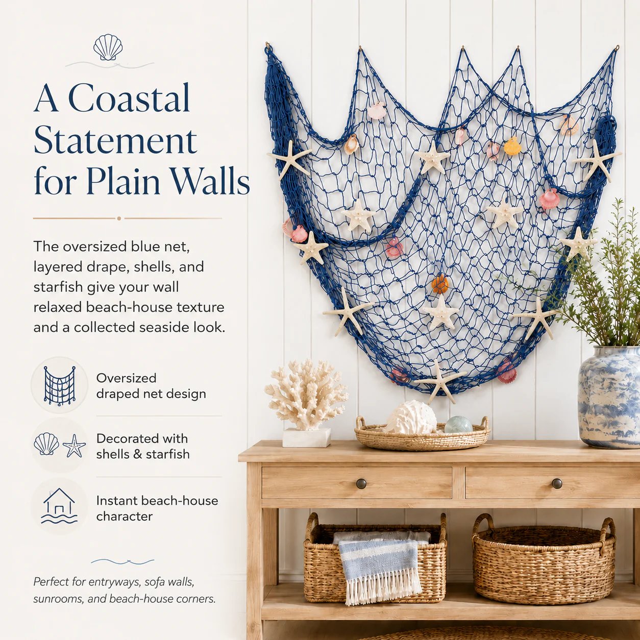 Coastal Fishing Net Wall Hanging with Fairy Lights