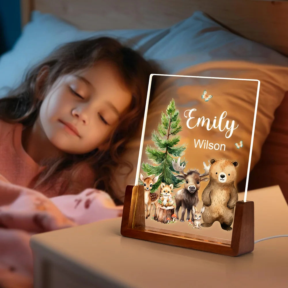 Personalized Cute Deer Fox Forest Animals Acrylic LED Night Light with Wooden Base and Name Birthday Anniversary Gift for Family Children