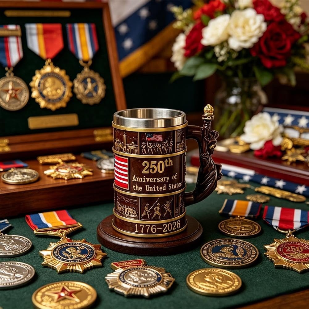250th Anniversary 3D American Flag Mug, Double Wall Resin & Stainless Steel