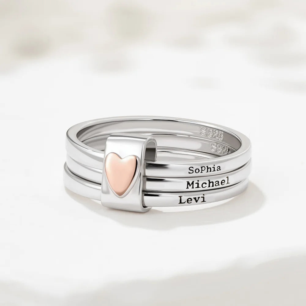 Personalized  Heart Women Stacking Rings with Engraved 2-5 Names Family Jewelry Mother's Day Birthday Gift for Mom Grandma
