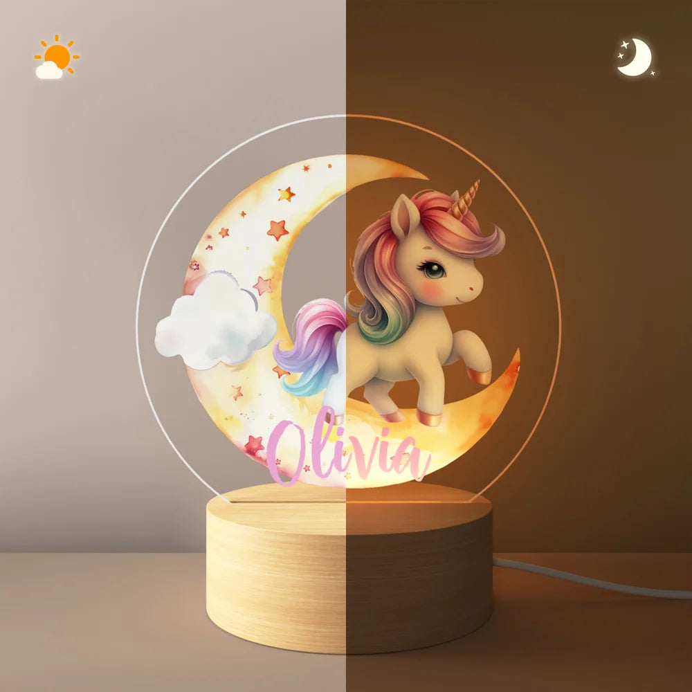Personalized Fantasy Unicorn Dreamy Moon LED Night Light with Wooden Base and Name