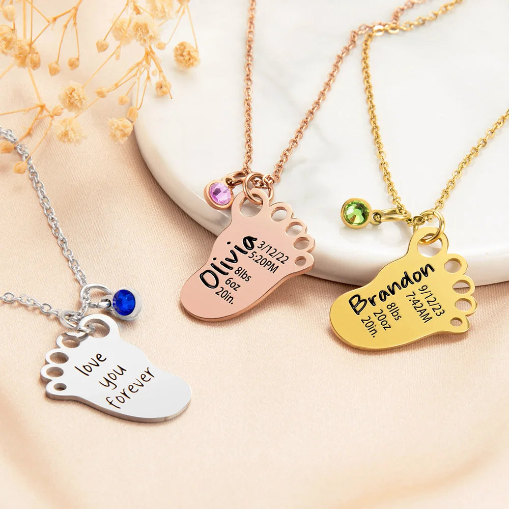 Personalized Engraved Baby Foot Pendant Necklace with Birth Announcement and Birthstone Birthday Baby Shower Gift for Kid New Mom