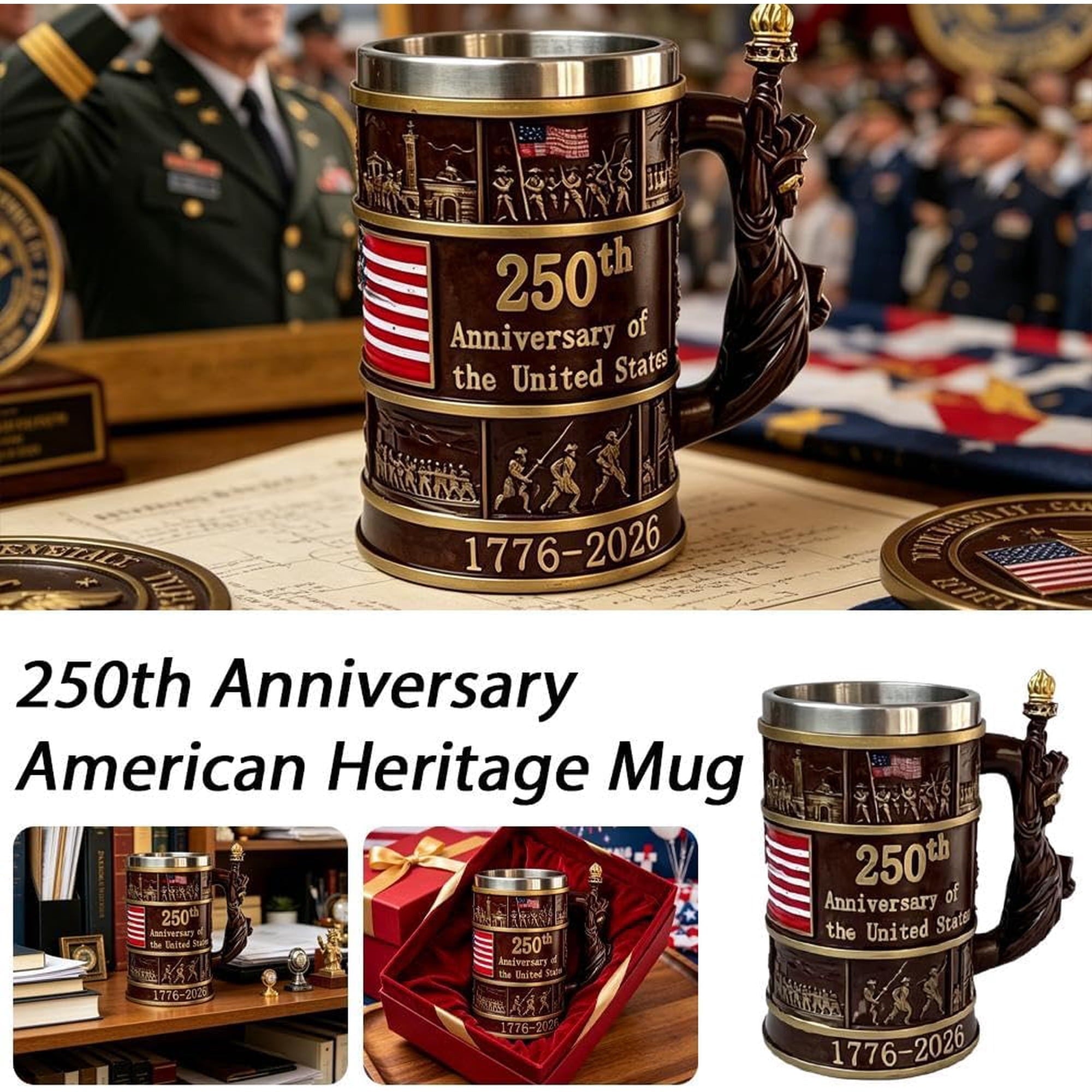 250th Anniversary 3D American Flag Mug, Double Wall Resin & Stainless Steel