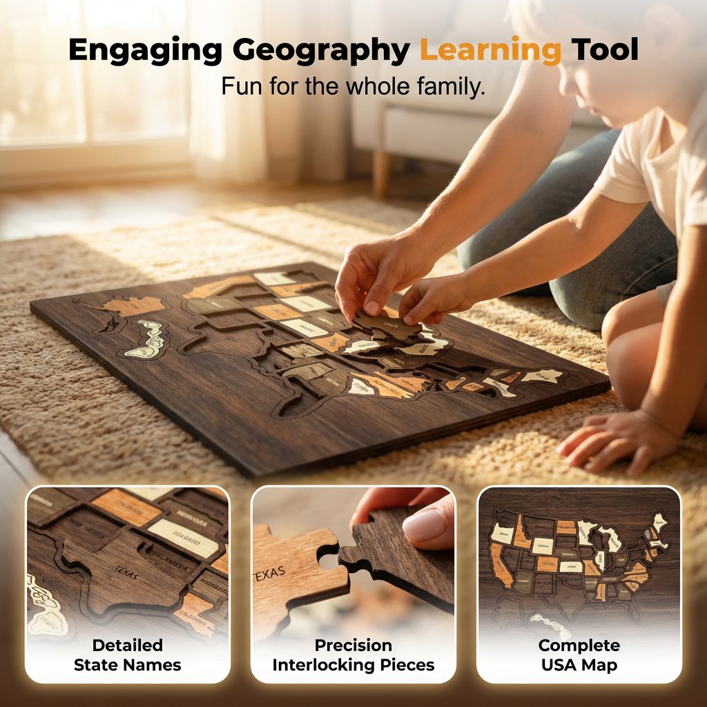 Wooden USA Travel Map Puzzle – Track Your Journey & Memories
