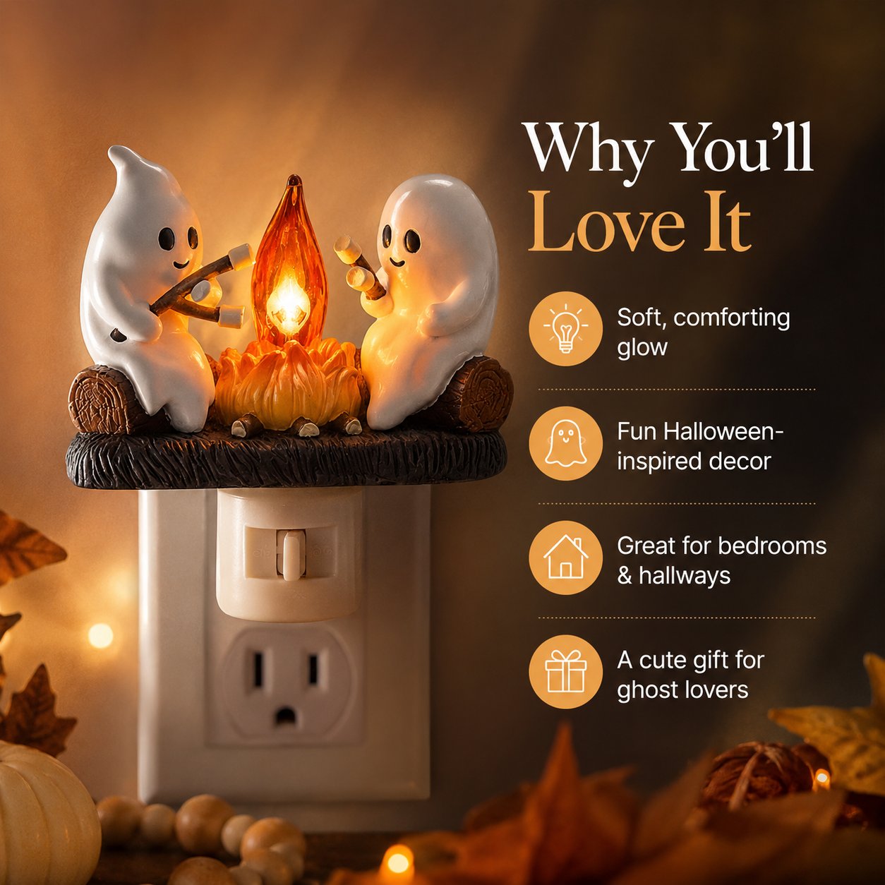 Ghost Campfire Flickering Nightlight – Cute Halloween Plug-In Wall Decor