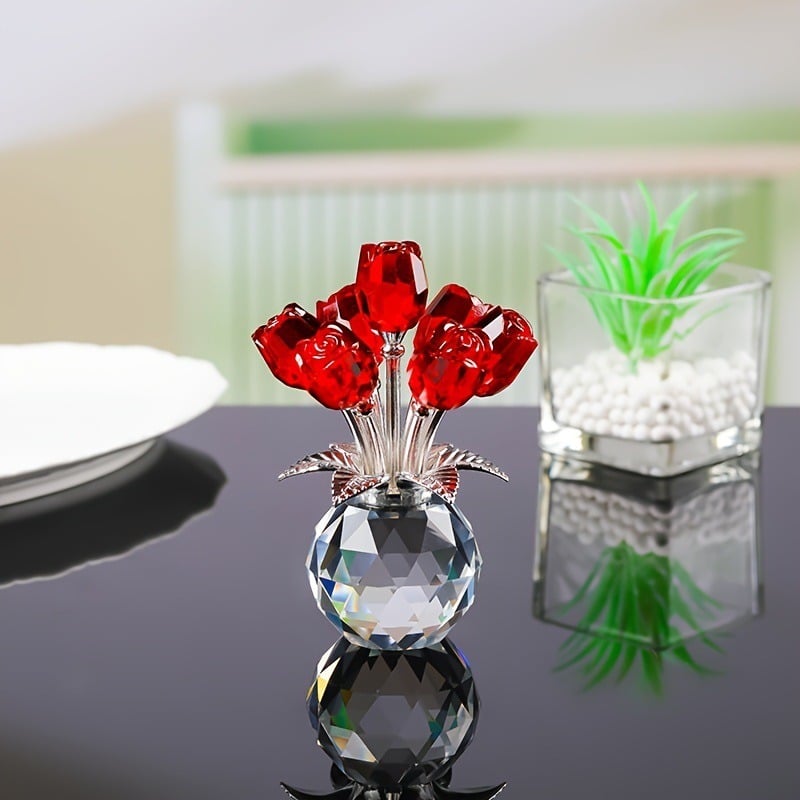 Crystal Colorful Rose Flower Collectible Figurine with Vase