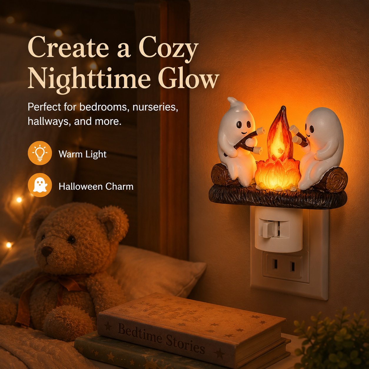 Ghost Campfire Flickering Nightlight – Cute Halloween Plug-In Wall Decor