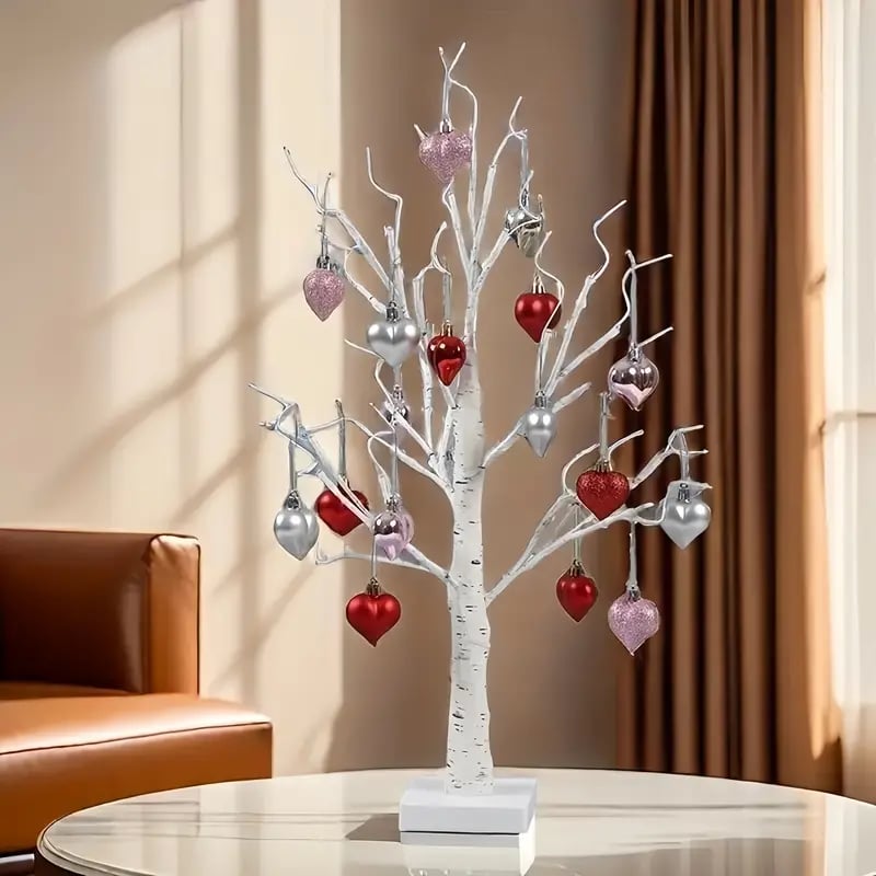 Romantic Heart-Shaped Birch Tree Lamp With 18 Heart Ornaments