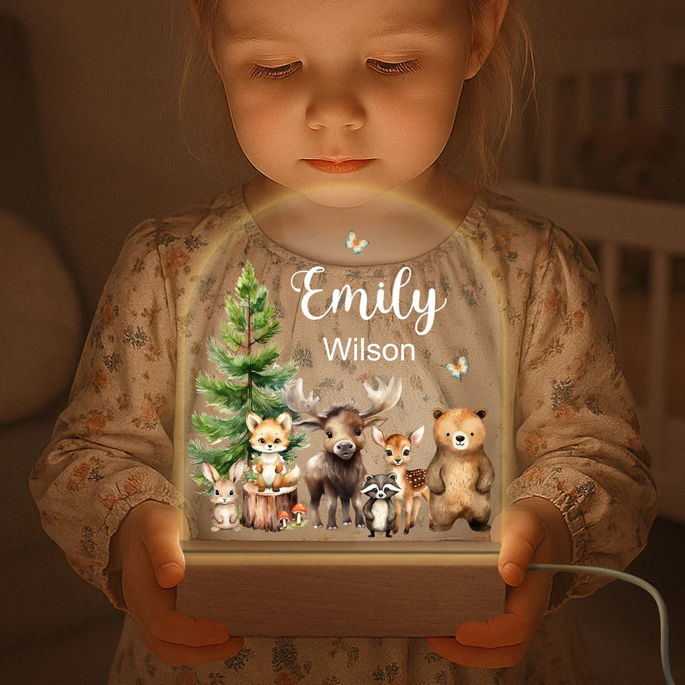 Personalized Watercolor Jungle Animal Acrylic Night Light with Name and Wooden Base Room Decoration Christmas Birthday Gift for Girls Boys