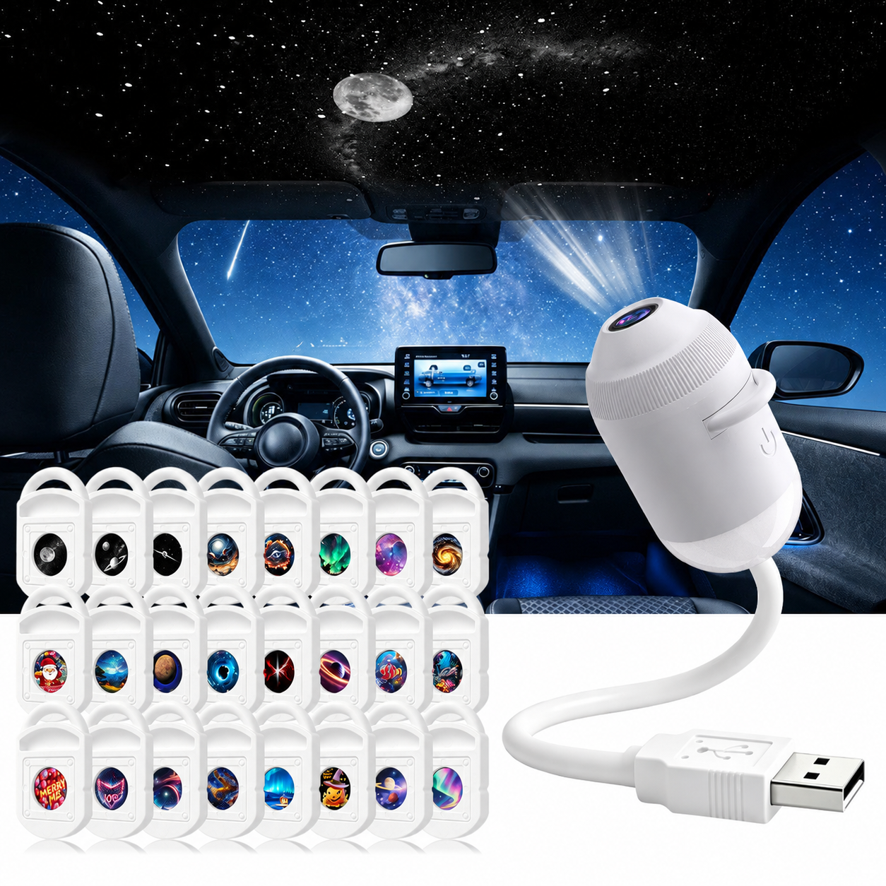 Galaxy Projector Night Light – USB Starry Sky Ambient Lamp for Car & Bedroom