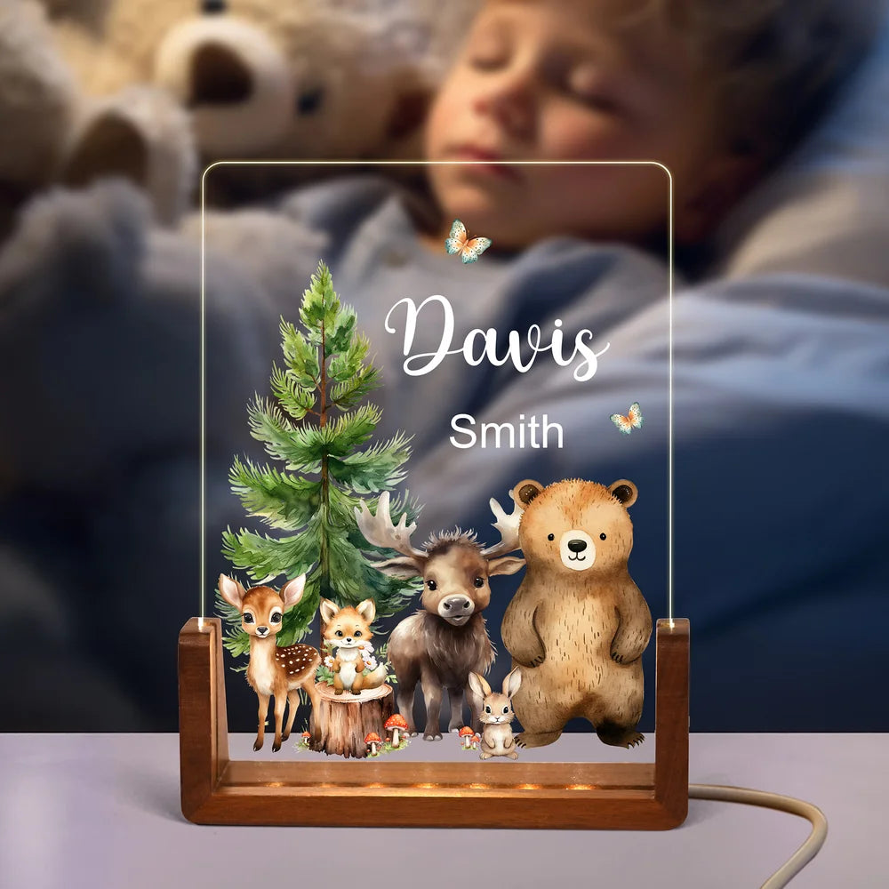 Personalized Cute Deer Fox Forest Animals Acrylic LED Night Light with Wooden Base and Name Birthday Anniversary Gift for Family Children
