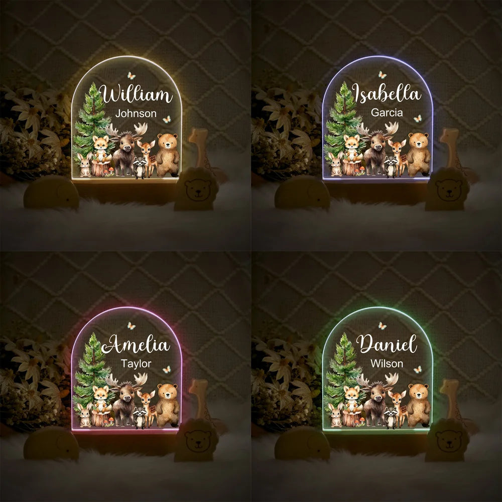 Personalized Watercolor Jungle Animal Acrylic Night Light with Name and Wooden Base Room Decoration Christmas Birthday Gift for Girls Boys