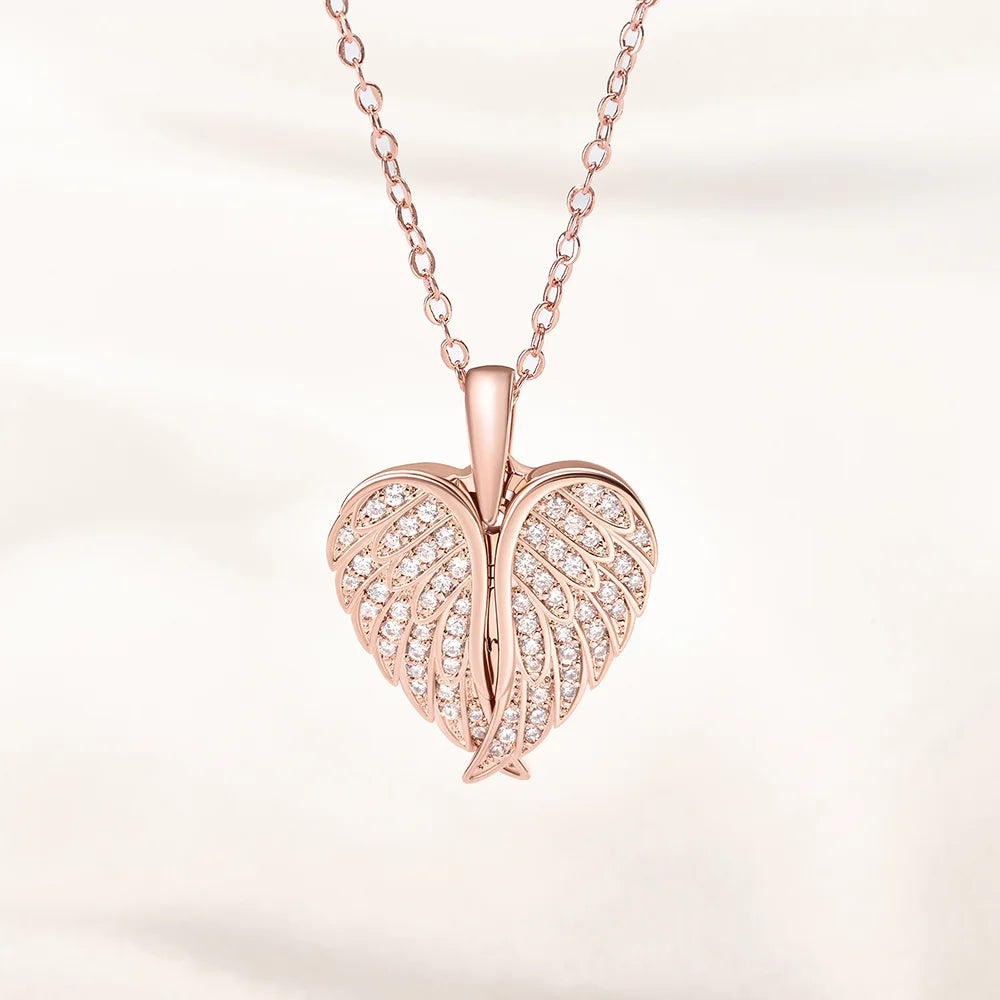 Personalized Cubic Zircon Sterling Silver Heart Shape Angel Wing Photo Locket Necklace
