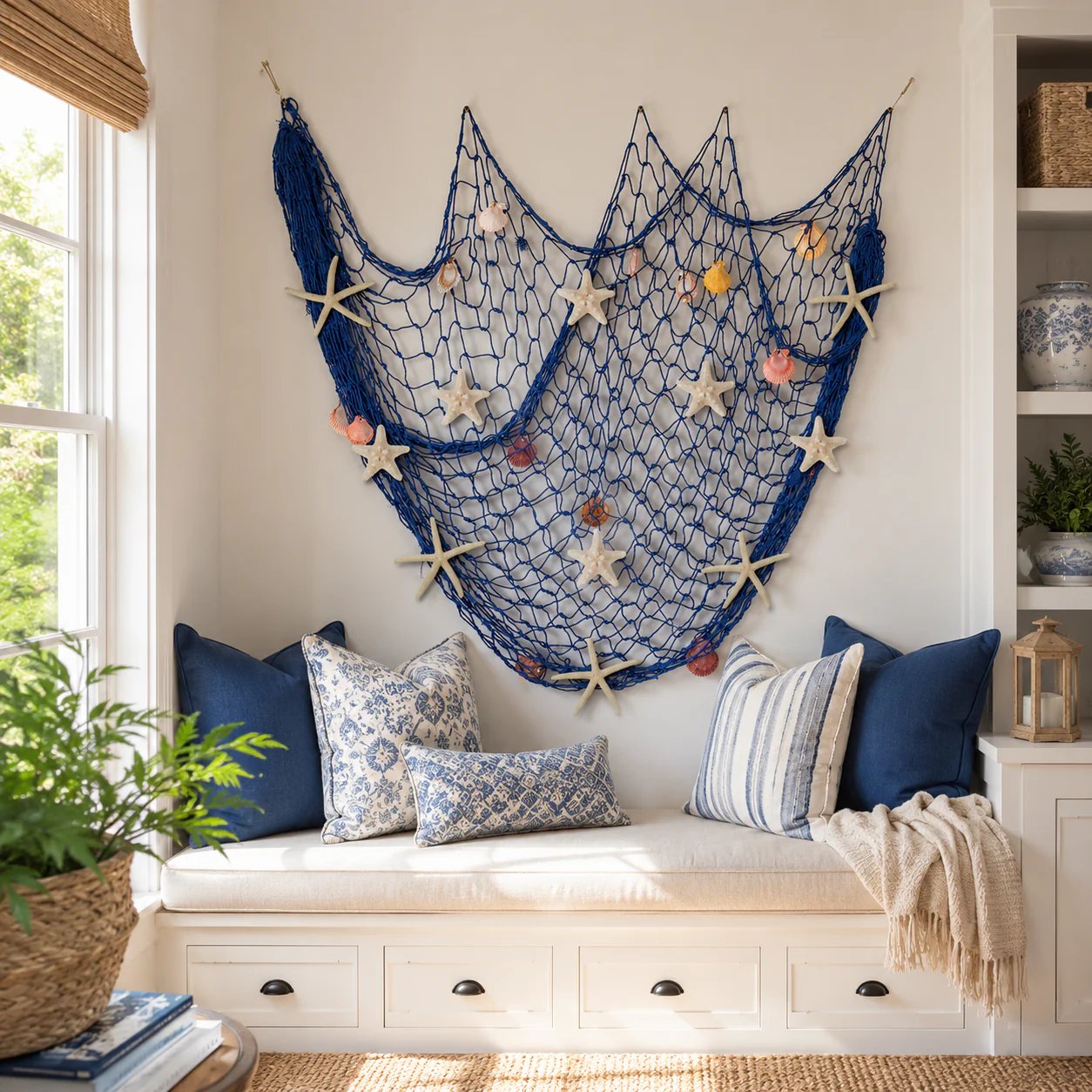 Coastal Fishing Net Wall Hanging with Fairy Lights