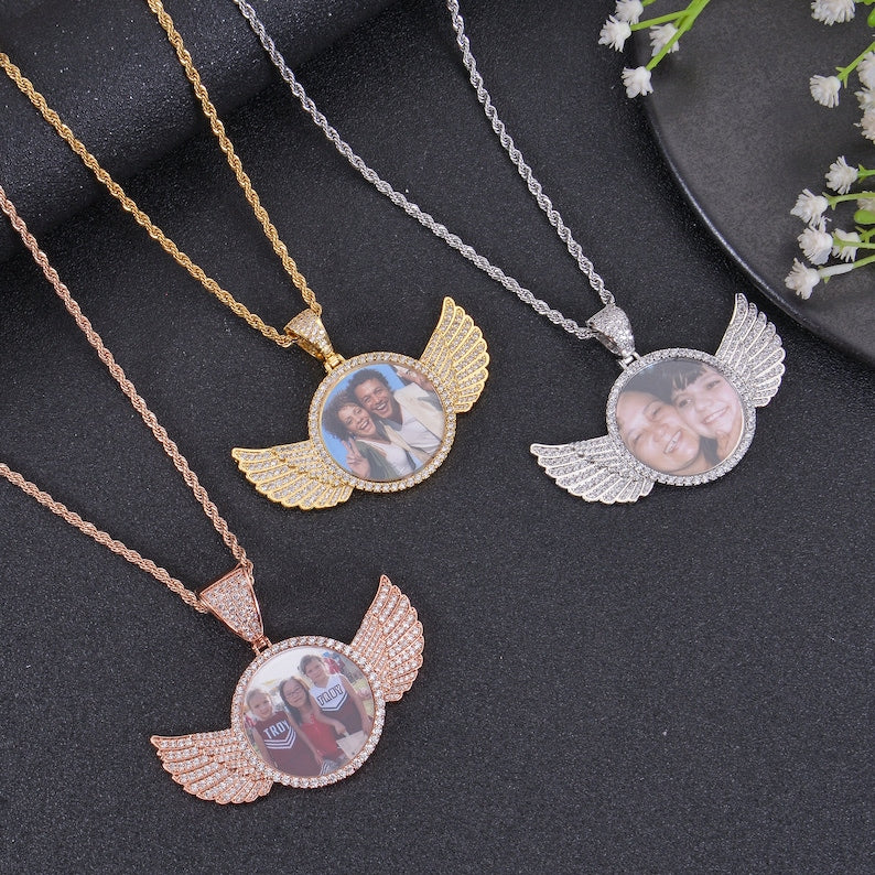 Personalized Diamond Studded Angel Wings Photo Necklace
