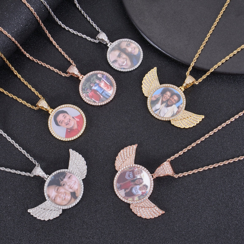 Personalized Diamond Studded Angel Wings Photo Necklace