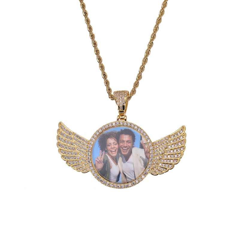 Personalized Diamond Studded Angel Wings Photo Necklace