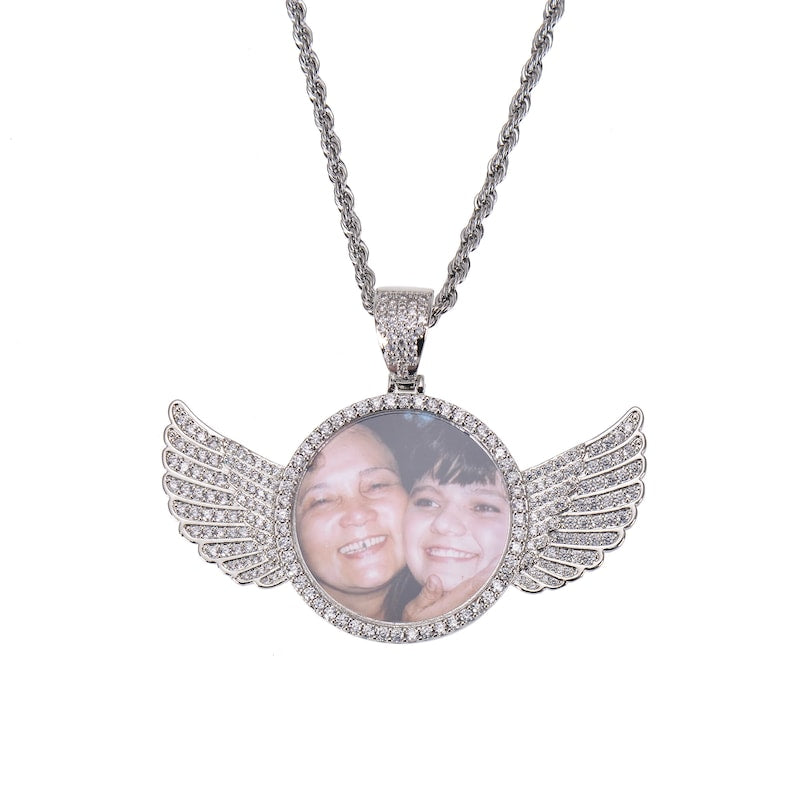 Personalized Diamond Studded Angel Wings Photo Necklace