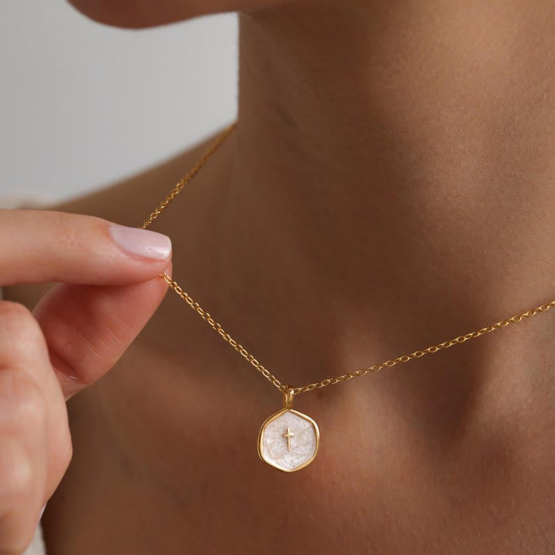 Gold Enamel Mini Cross Necklace, Tiny Cross Necklace