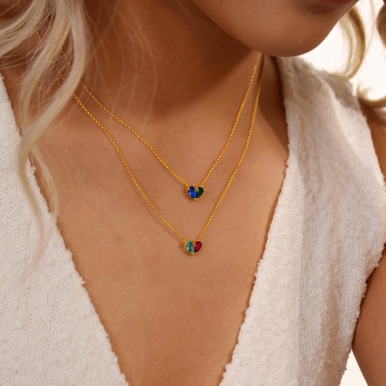 Custom Birthstone Necklace, Heart Birthstone Necklace