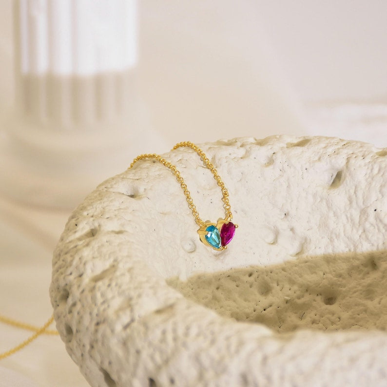 Custom Birthstone Necklace, Heart Birthstone Necklace