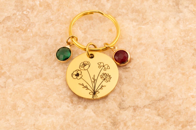 Engraved flower keyring, Custom Floral Charm Keychain