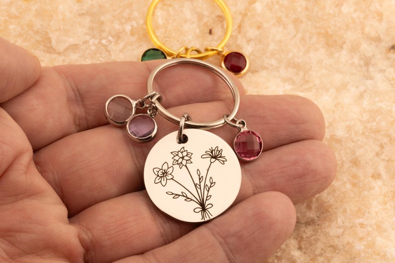 Engraved flower keyring, Custom Floral Charm Keychain