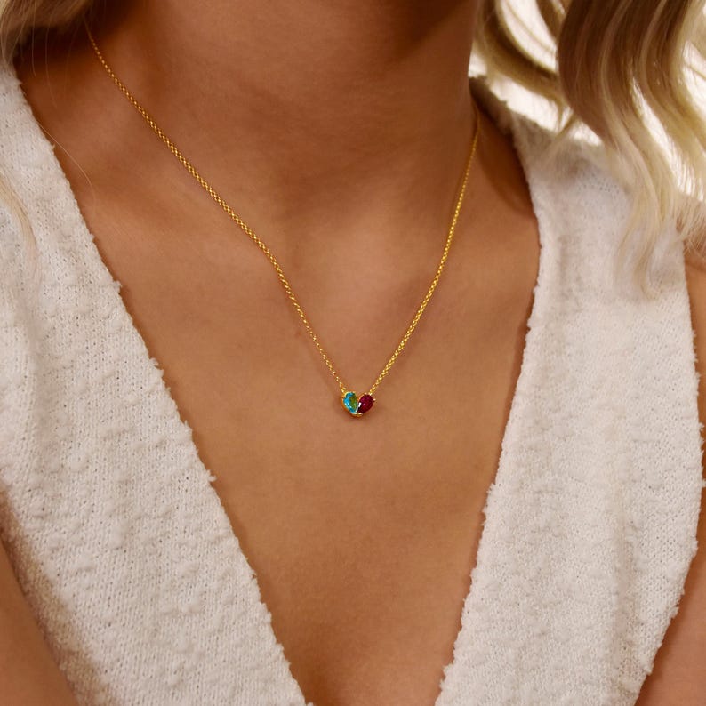 Custom Birthstone Necklace, Heart Birthstone Necklace