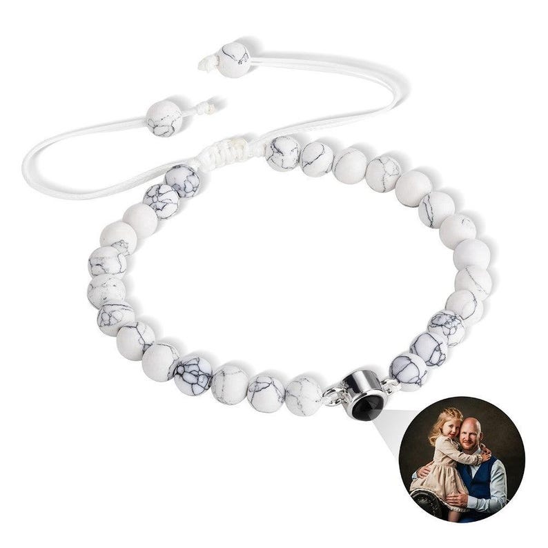 Custom Photo Projection Tiger Eye Bracelet with Black Gallstone Beads