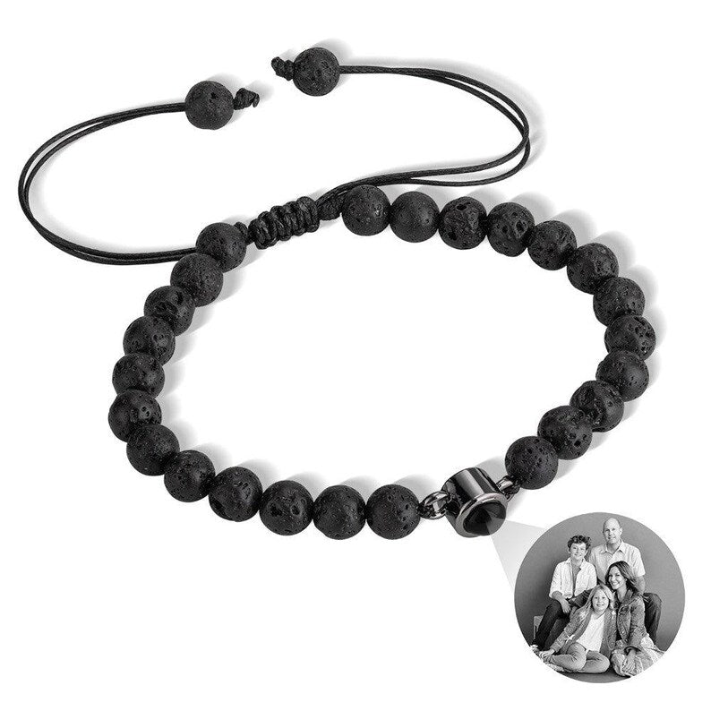 Custom Photo Projection Tiger Eye Bracelet with Black Gallstone Beads