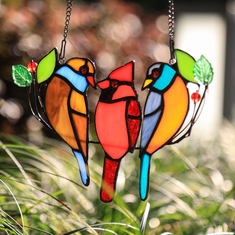 100%Handmade Three Birds Suncatcher, Stained Glass Three Birds Window Hanging