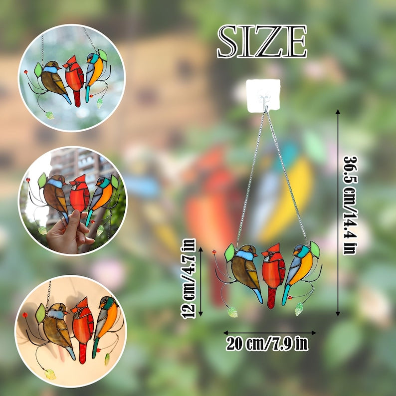 100%Handmade Three Birds Suncatcher, Stained Glass Three Birds Window Hanging