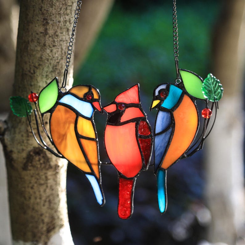 100%Handmade Three Birds Suncatcher, Stained Glass Three Birds Window Hanging