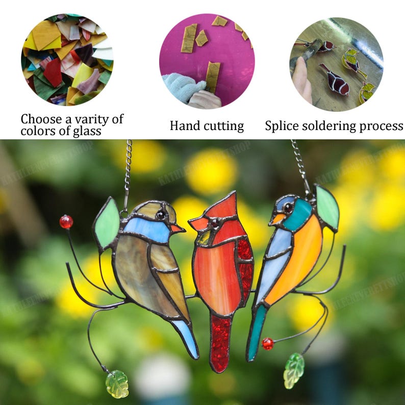 100%Handmade Three Birds Suncatcher, Stained Glass Three Birds Window Hanging