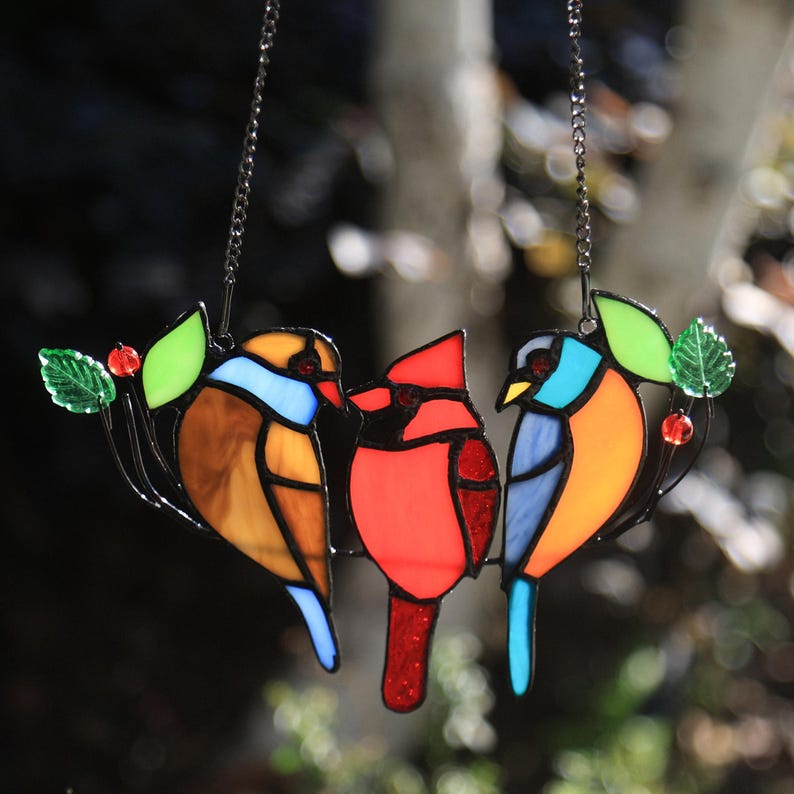 100%Handmade Three Birds Suncatcher, Stained Glass Three Birds Window Hanging