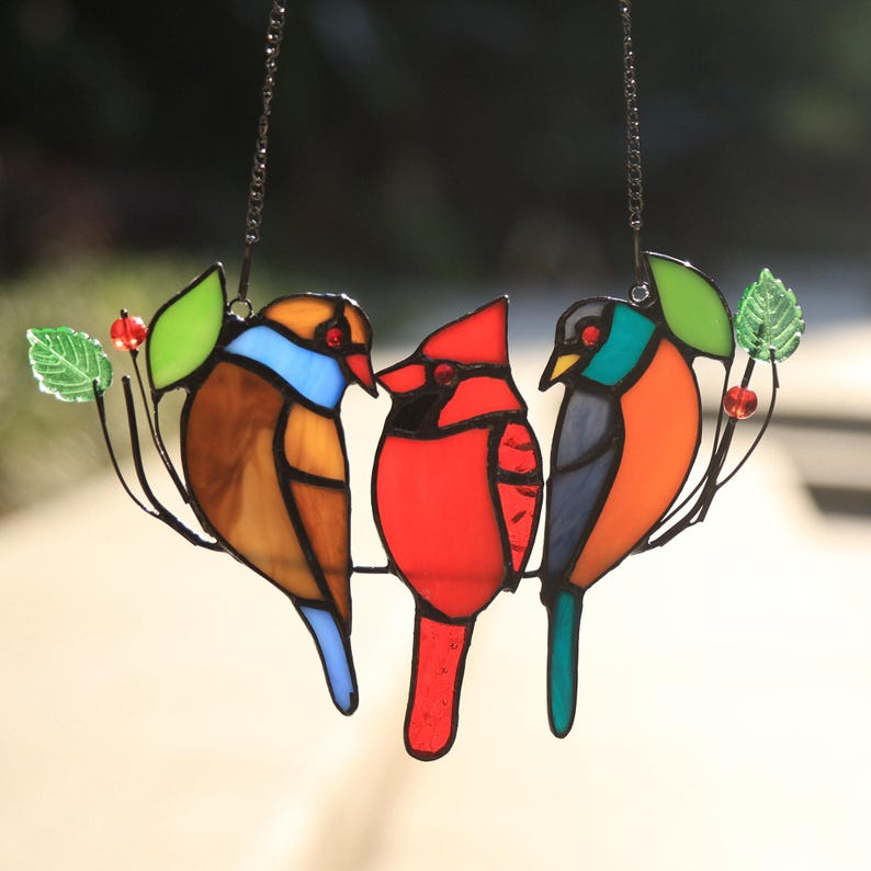 100%Handmade Three Birds Suncatcher, Stained Glass Three Birds Window Hanging