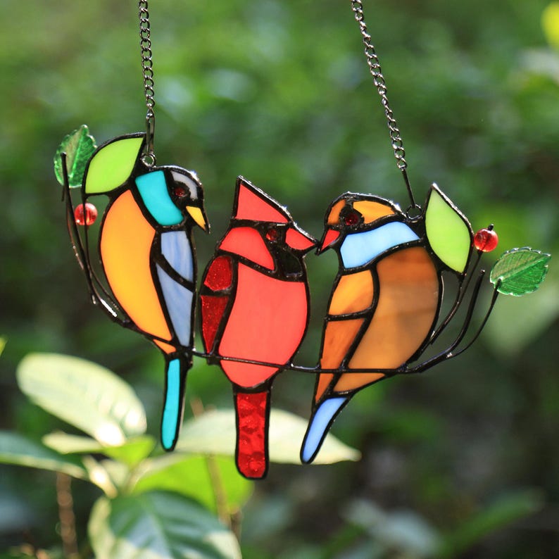 100%Handmade Three Birds Suncatcher, Stained Glass Three Birds Window Hanging