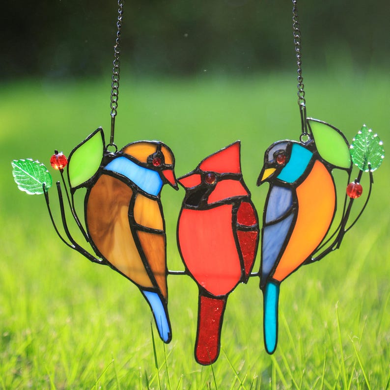 100%Handmade Three Birds Suncatcher, Stained Glass Three Birds Window Hanging