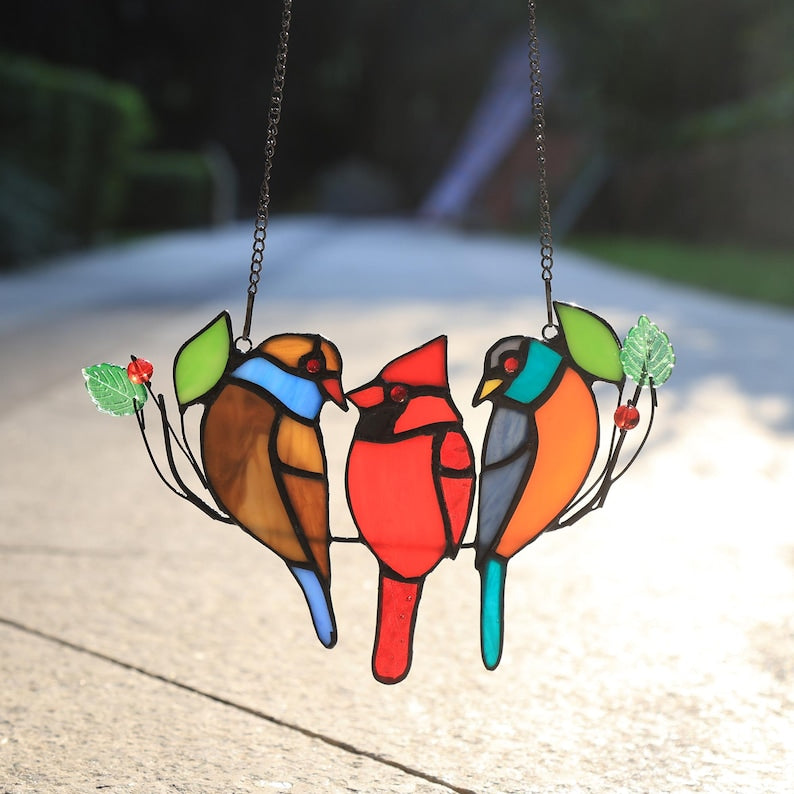 100%Handmade Three Birds Suncatcher, Stained Glass Three Birds Window Hanging