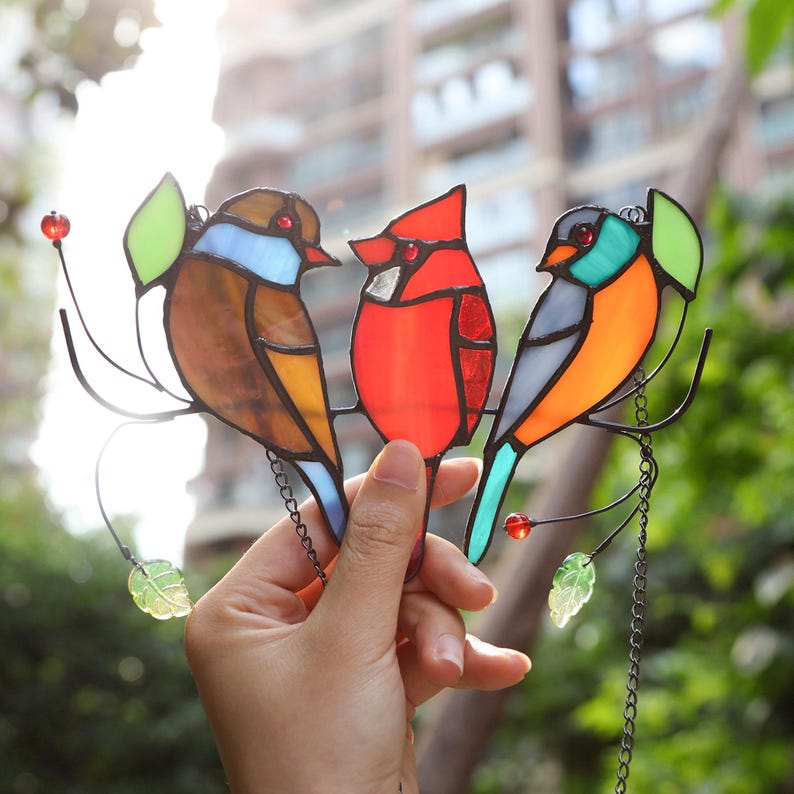 100%Handmade Three Birds Suncatcher, Stained Glass Three Birds Window Hanging