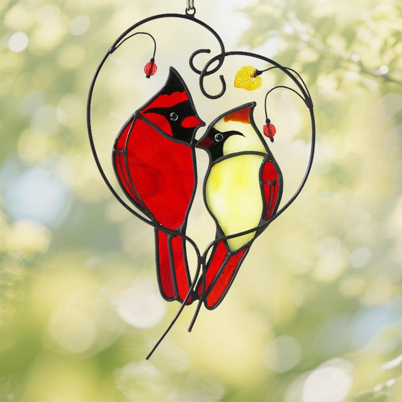 Stained Glass Cardinal Couple Suncatcher, Red Pair Love Birds Heart Hanging