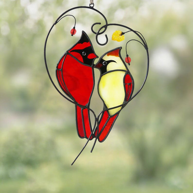 Stained Glass Cardinal Couple Suncatcher, Red Pair Love Birds Heart Hanging