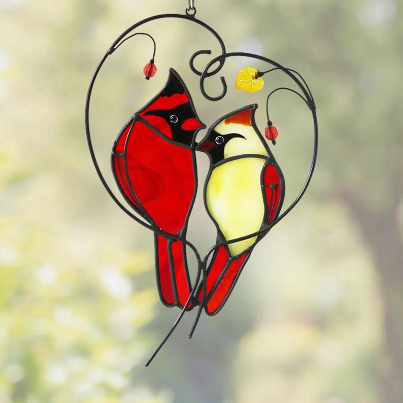 Stained Glass Cardinal Couple Suncatcher, Red Pair Love Birds Heart Hanging