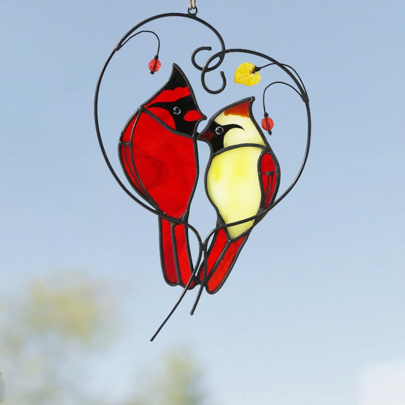 Stained Glass Cardinal Couple Suncatcher, Red Pair Love Birds Heart Hanging