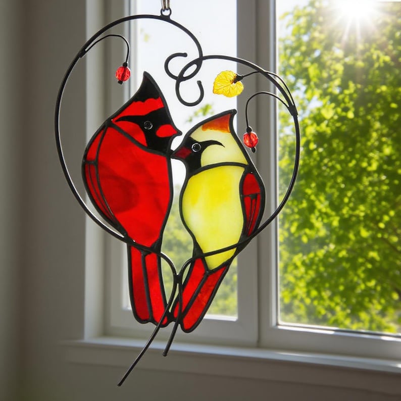 Stained Glass Cardinal Couple Suncatcher, Red Pair Love Birds Heart Hanging
