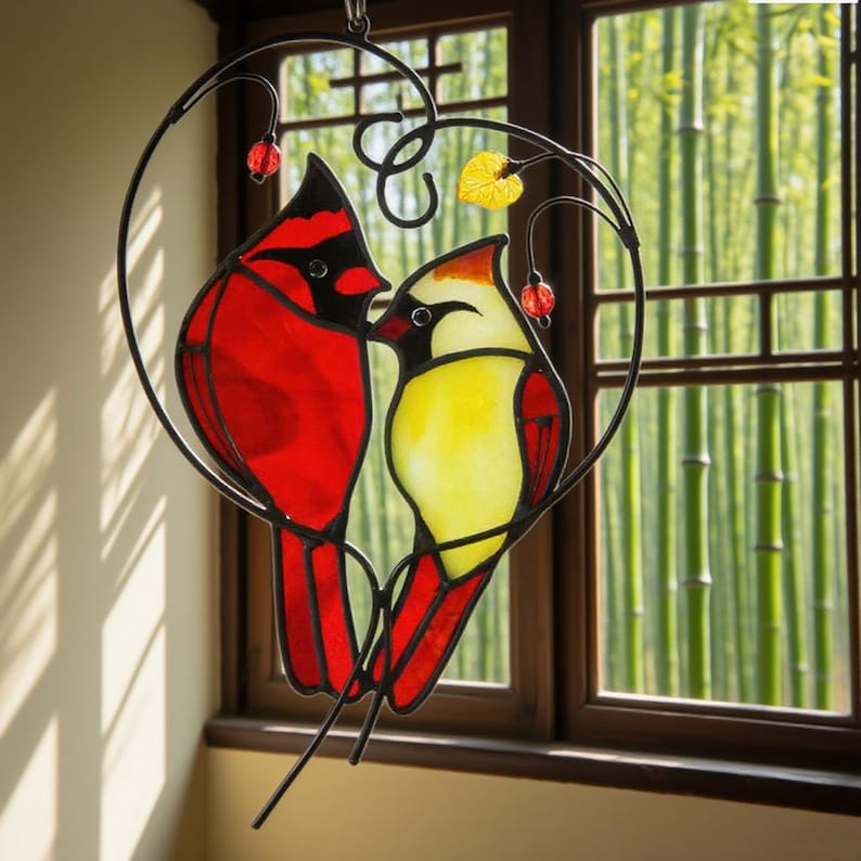 Stained Glass Cardinal Couple Suncatcher, Red Pair Love Birds Heart Hanging
