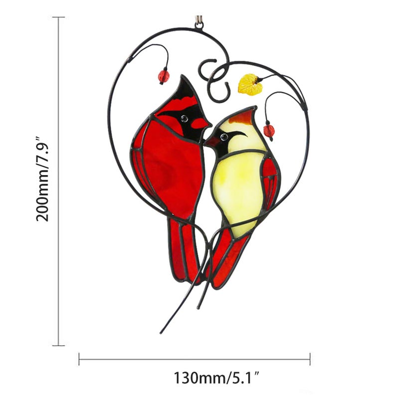 Stained Glass Cardinal Couple Suncatcher, Red Pair Love Birds Heart Hanging